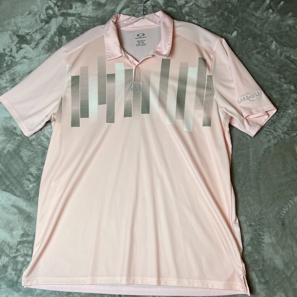 Oakley Golf Polo Shirt Mens XL Pale Pink Geometric Striped Stretch Performance